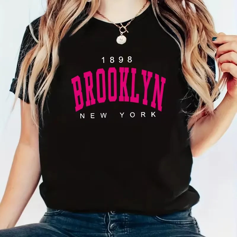 Summer Women T Shirt 1898 Brooklyn New York Print Short Sleeve T-Shirts Warm Casual Streetwear Hip Hop Y2k Clothes Tops 2024 New