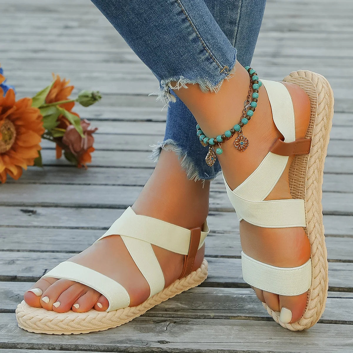 Women's fashion trend elastic anti-slip wear-resistant soft soled flat sandals