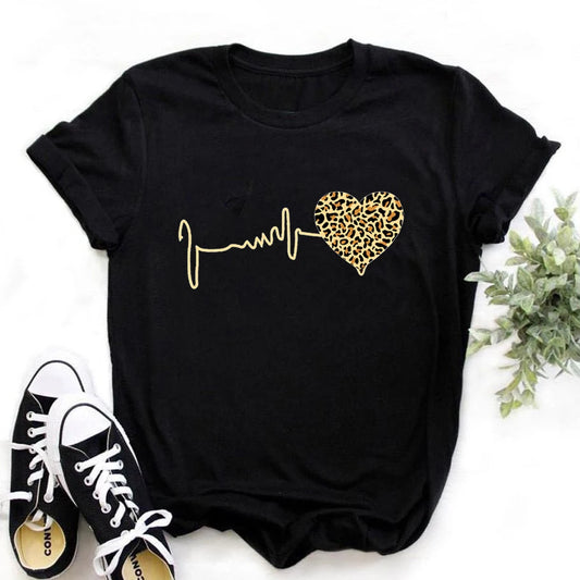 Summer New 90 's Leopard Heartbeat Short Sleeve Print Clothing Women's T-Shirt Harajuku Graphic Clothing Women's Top,Drop Ship