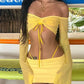 ALLNeon Y2K Aesthetics Sexy Co-ord Sets Yellow 2000s Clubwear Off Shoulder Flare Sleeve Crop Tops and Micro Skirt 2 Piece Suits