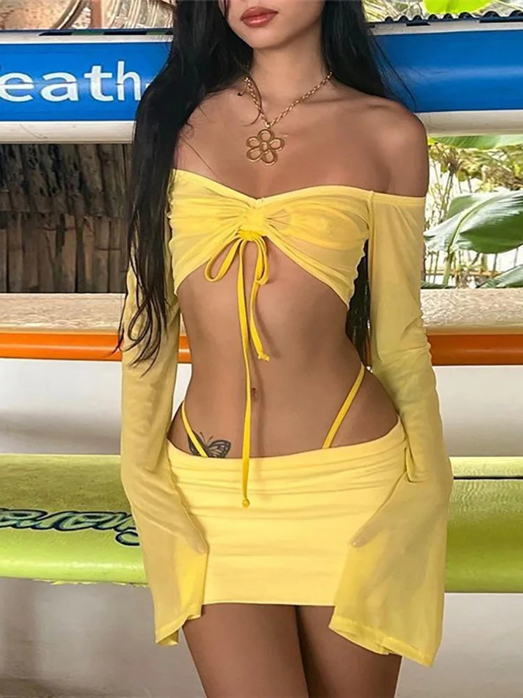 ALLNeon Y2K Aesthetics Sexy Co-ord Sets Yellow 2000s Clubwear Off Shoulder Flare Sleeve Crop Tops and Micro Skirt 2 Piece Suits