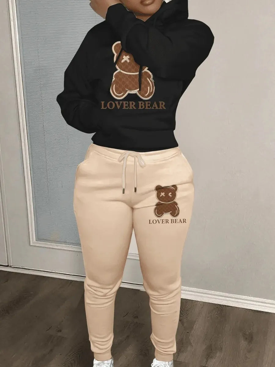 Lover Bear Letter Print Kangaroo Pocket Tracksuit 2pc Set V3