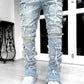 Men's Regular Fit Stacked Jeans Ripped Slim Fit Patch Distressed Destroyed Straight Denim Pants Hip Hop Streetwear Trouser Cloth