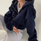 Spring Autumn New Insfleece-lined Versatile Cropped Slims Smooths Silhouette Zip-up Warm Navy Blue Hooded Sweatshirt Women