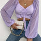 Sexy Women Mesh Lantern Sleeves Drawstring Wrap Chest Bare Midriff T Shirt Women Long Sleeves Bottoming