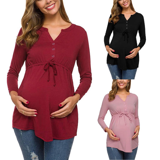 Women Maternity Long Sleeve Solid Color Nursing Tops T-shirt For Breastfeeding