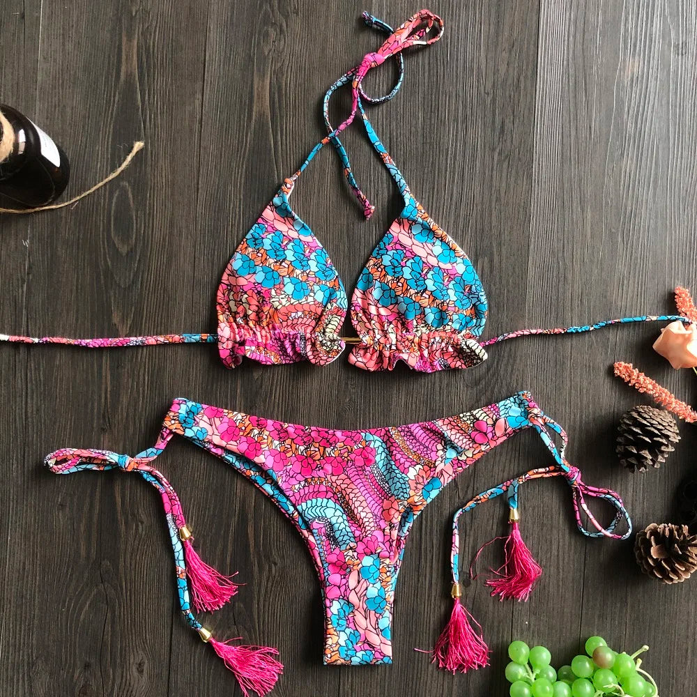 2022 Sexy Bikini Floral Print Swimwear String Bikini Set Push Up Swimsuit Bikinis Women Biquini Beach Bathing Suit Women