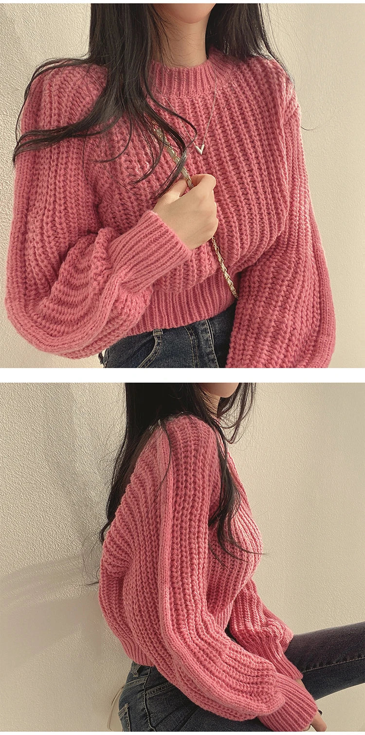 Loose Vintage Harajuku Lantern Long Sleeve Women Sweater Korean Autumn Winter Knitwear Soft Warm Tops Chic Solid Femme Sweater