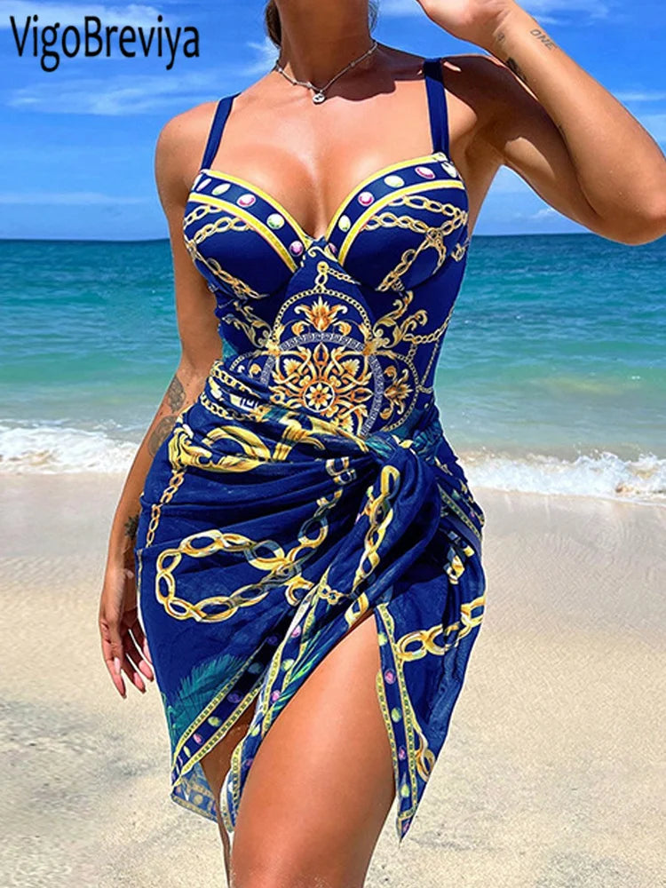 VigoBeviya 2024 Sexy Print Strapped 2 Piece Swimwear Women Strapped Push UP One Piece Swimsuit Monokini Backless Bathing Suit