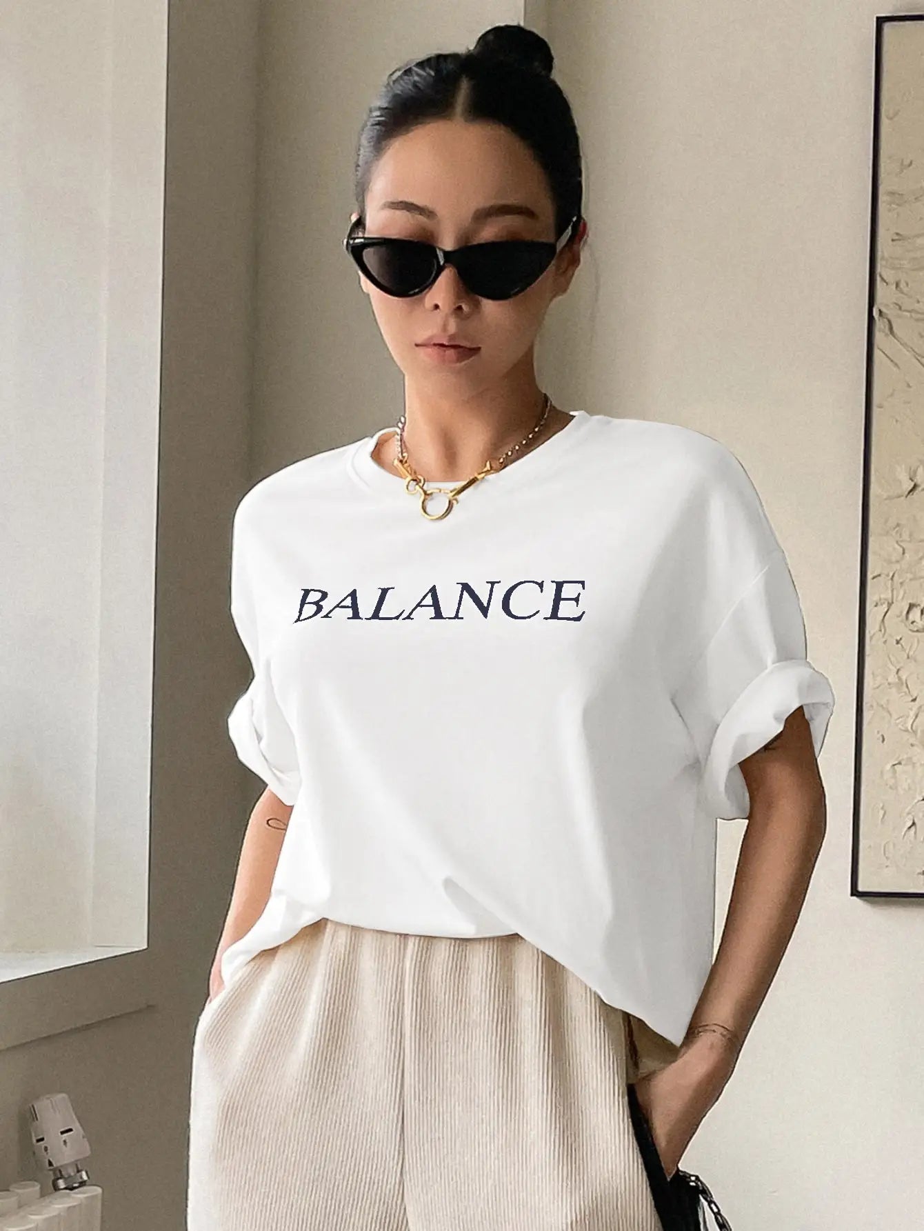 Balance Letter Printed Casual T-Shirts Women Summer Loose Oversize Short Sleeve Fashion Street Tshirt 100% Cotton Tee Clothing