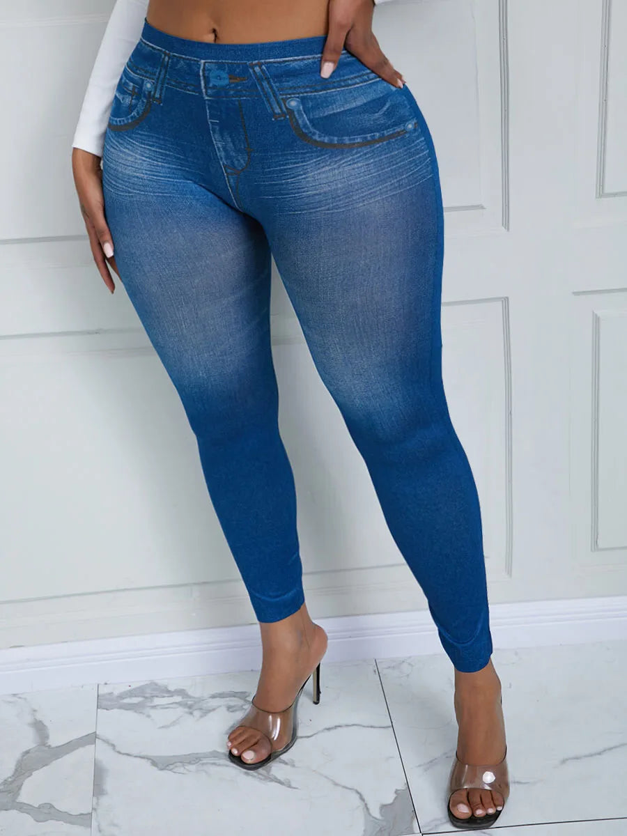 Women Imitation Denim Plus Size Mid-Waist Yoga Pants