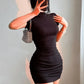 Sexy Tight Half High Collar Pleated Waist Mini Dress Spicy Girls Slim Dresses Bodycon Women Vestidos Cortos Party Mujer Clothing