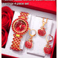 New Luxury Watch Women Red Necklace Earring Rhinestone Fashion Wristwatch Casual Ladies Watches Jewelry Set Relogio Feminino