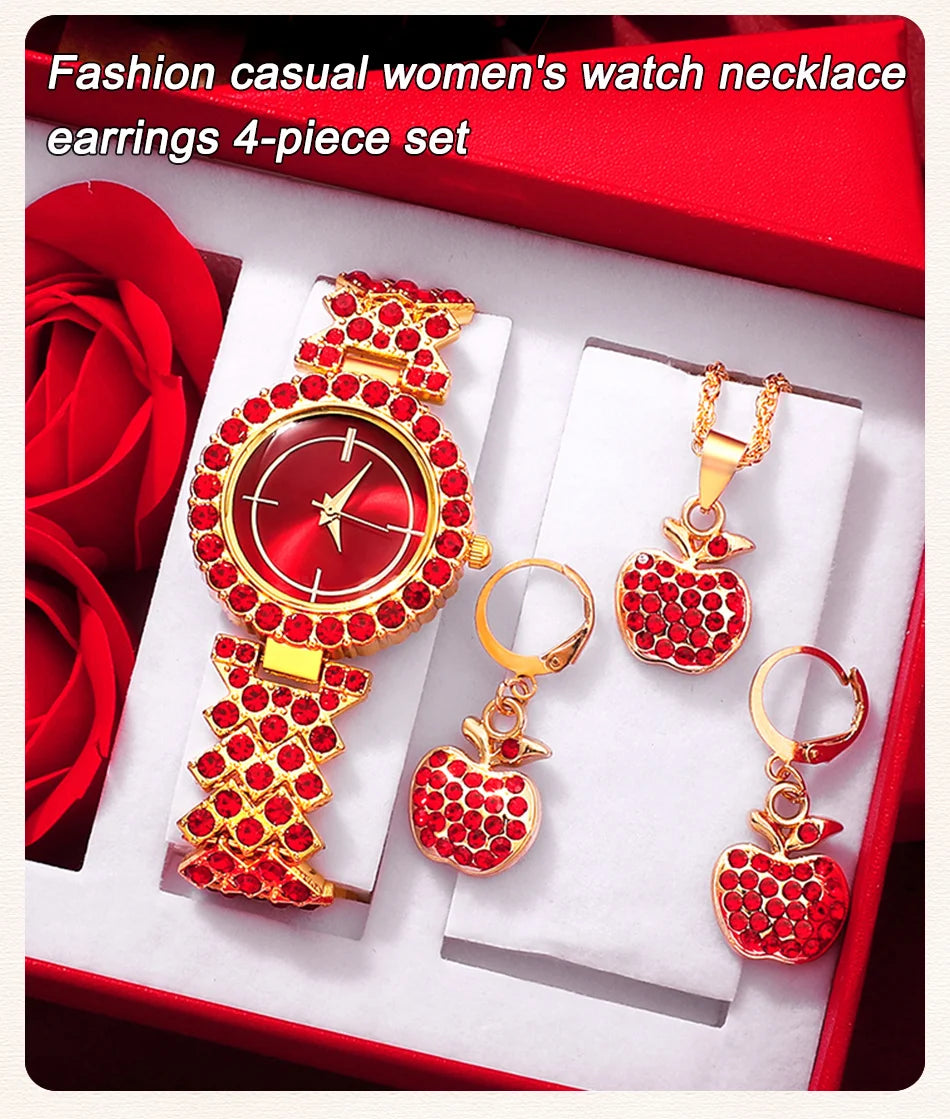 New Luxury Watch Women Red Necklace Earring Rhinestone Fashion Wristwatch Casual Ladies Watches Jewelry Set Relogio Feminino