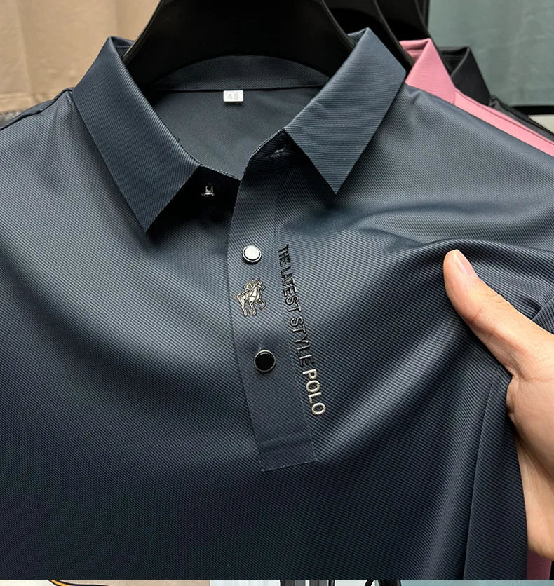 High quality ice silk breathable short sleeve T-shirt Men's 2023 Summer Fashion Embroidery Casual Elastic Comfort polo shirt