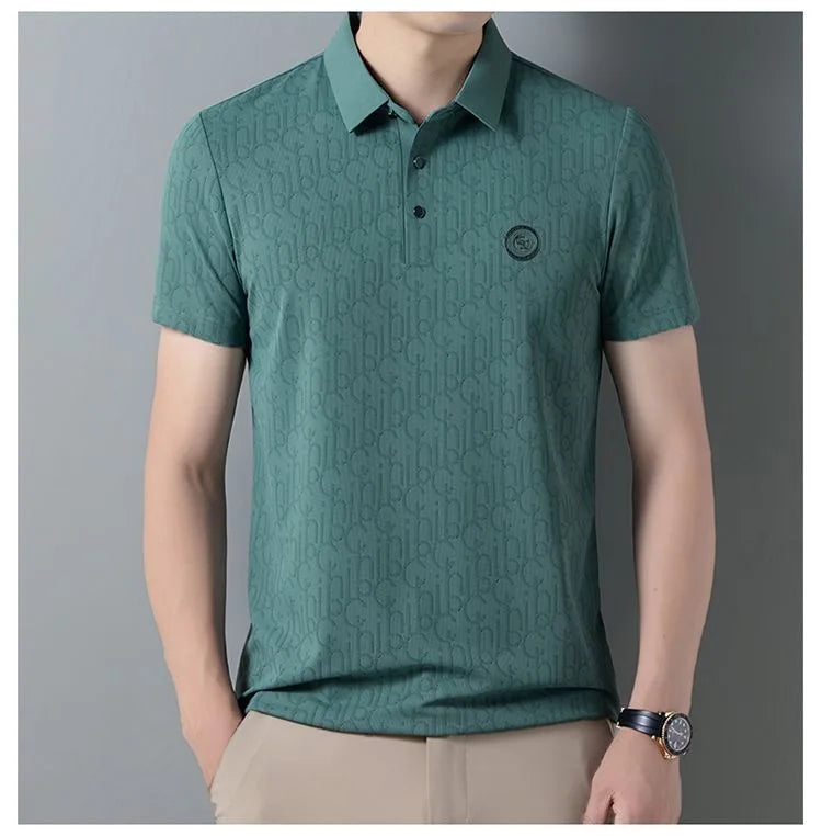 High end brand polo shirt short sleeved men's light luxury embossed top silk cool casual 2024 summer breathable lapel T-shirt