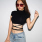 2022 Summer Women Black Short T-Shirts Sexy Crop Tops Short Sleeve Bandage Tee Tops Female Shirts