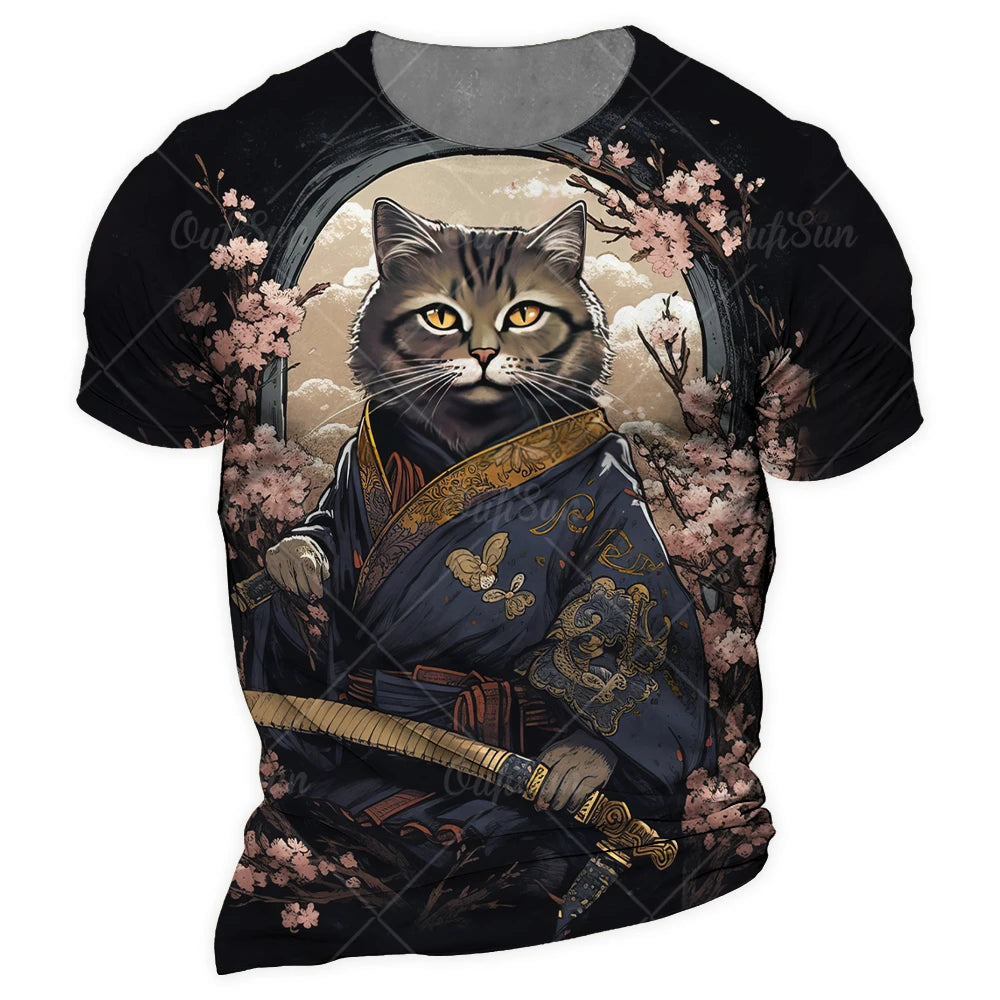 Y2K Samurai Cat Graphic T-Shirts - Men