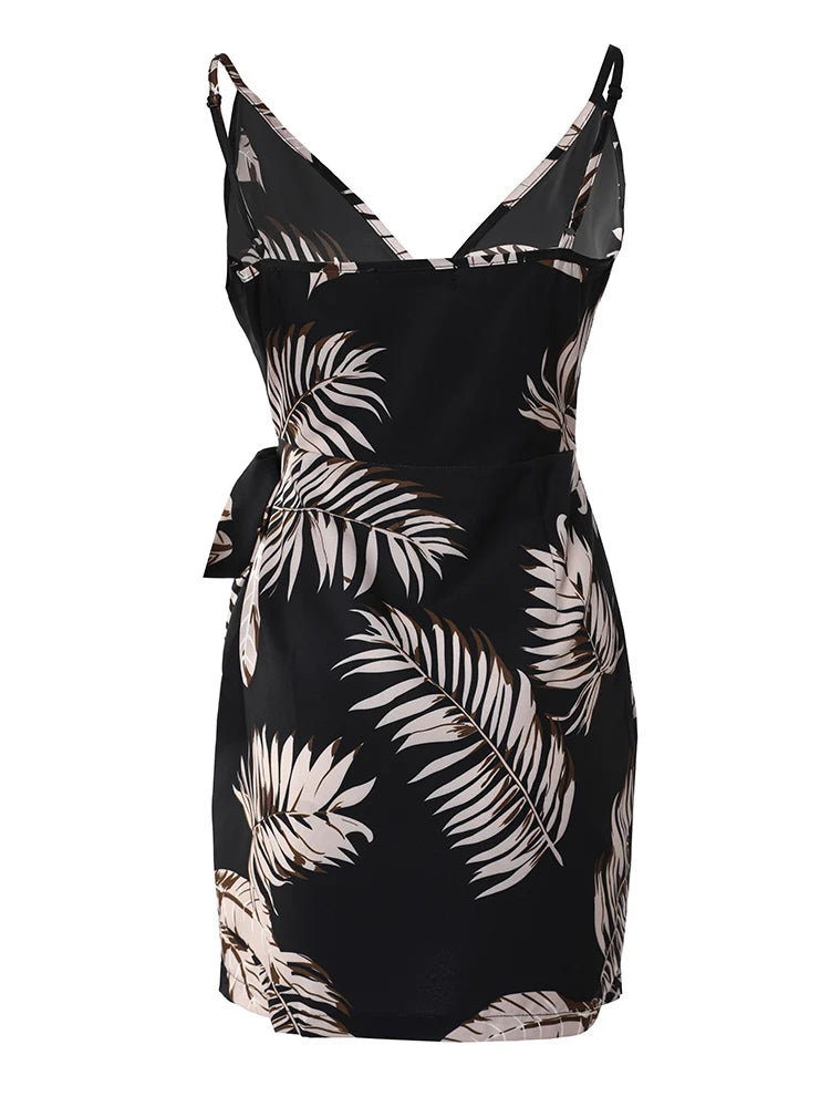 V Neck Leaf Print Mini Dress