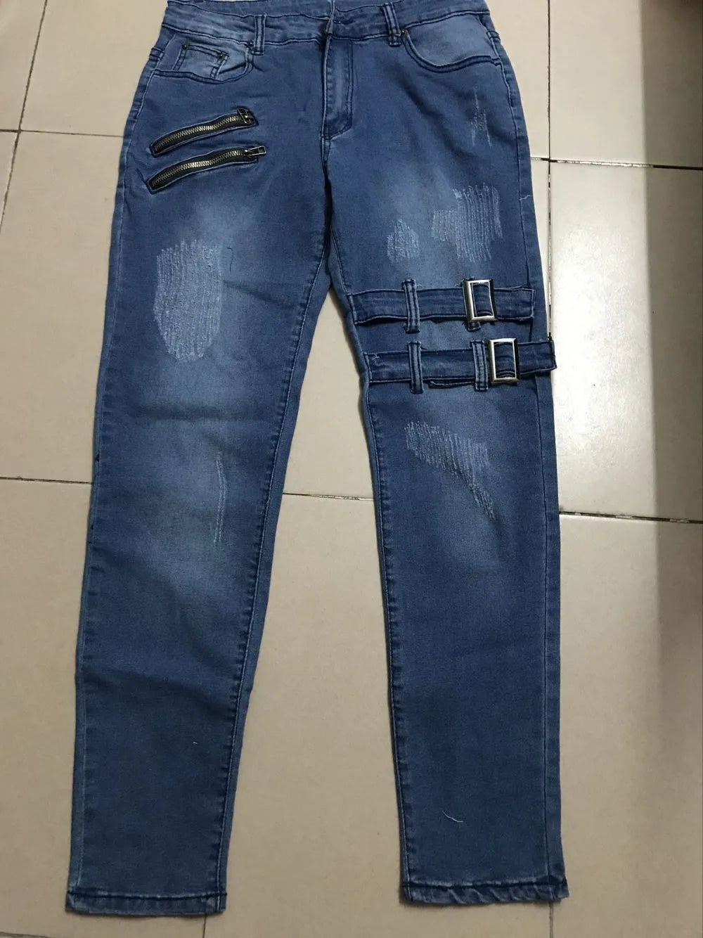 Elastic-Waist Retro Moto Biker Straight Leg Jeans