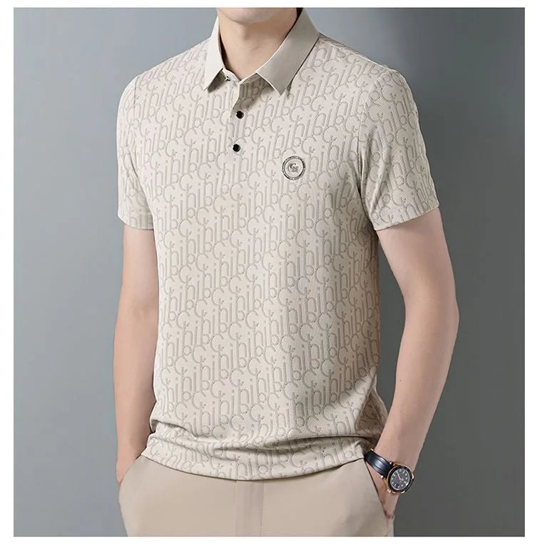 High end brand polo shirt short sleeved men's light luxury embossed top silk cool casual 2024 summer breathable lapel T-shirt