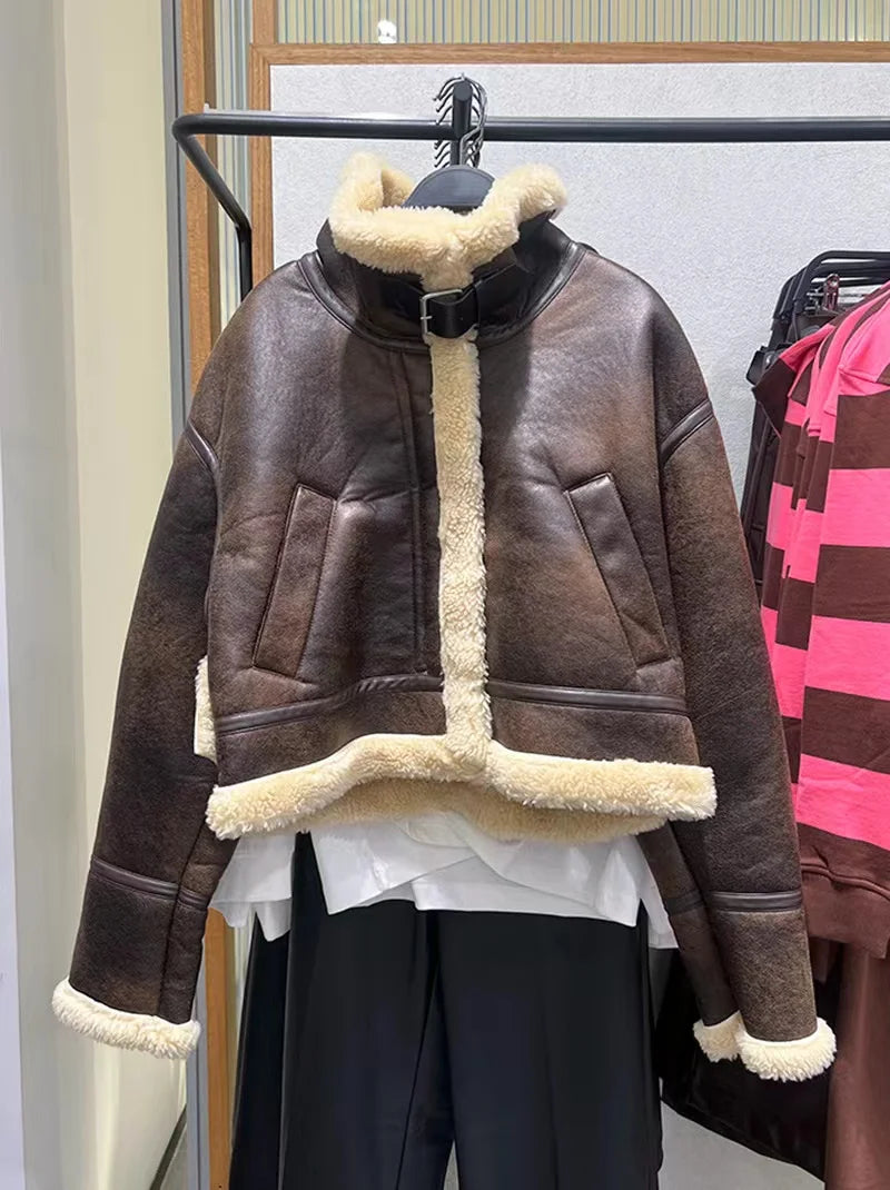 RARF 2024 New Autumn Winter Women Faux Lamb Fur Short Jacket Vintage Female Moto Biker Zipper Thick Warm Coat Fleece Outwear