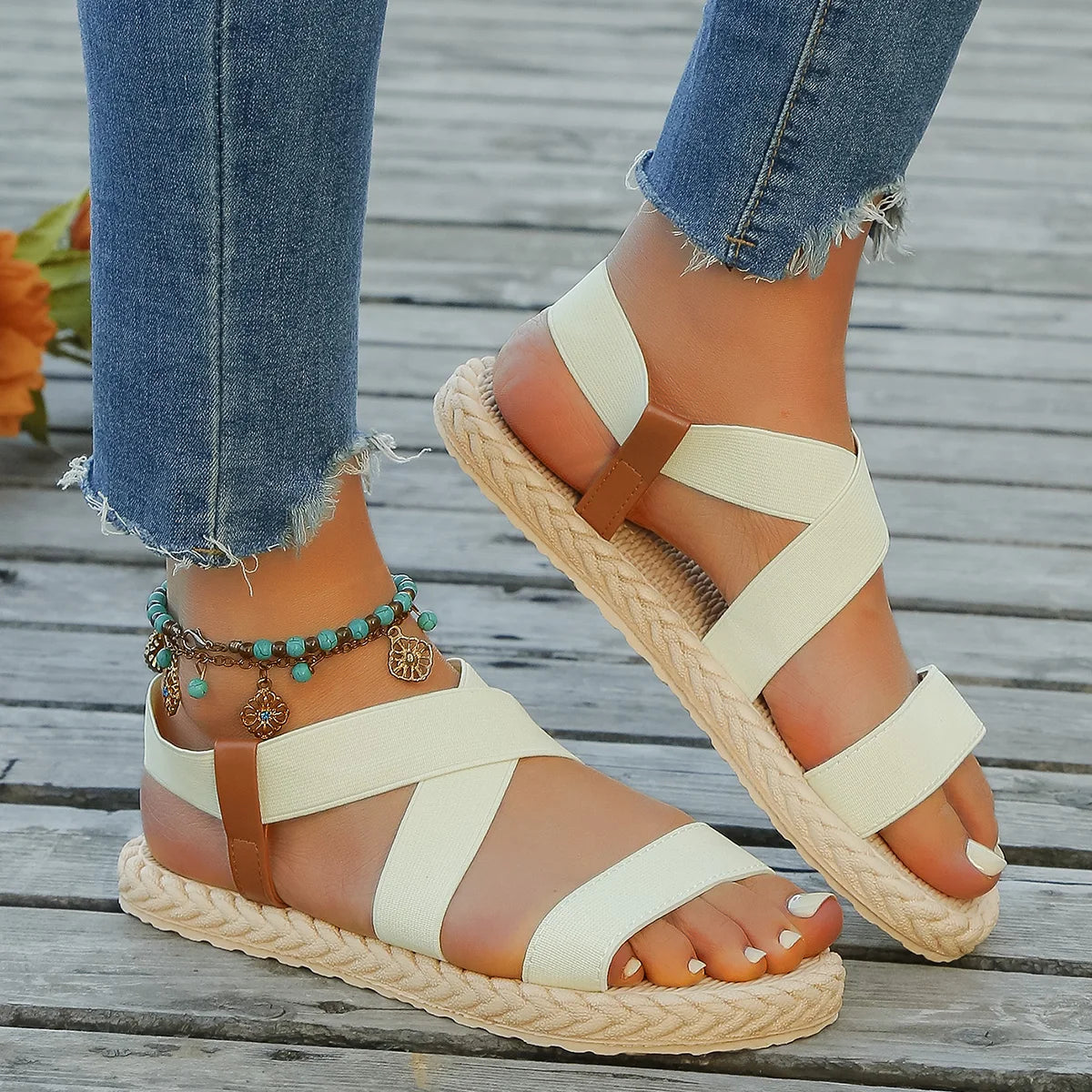 Women's fashion trend elastic anti-slip wear-resistant soft soled flat sandals