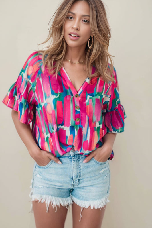 Fashion Abstract Stroke Print Short-Sleeved Chiffon Shirt Tops Women's 2024 Summer Thin Casual Three-Quarter Sleeve T-shirt Women