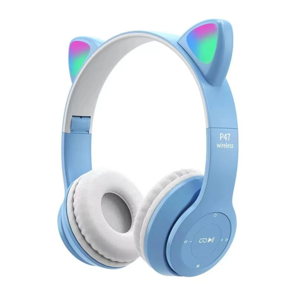 P47M Cute Cat Ear Bluetooth Headphones with LED Wireless Headset Children Girls Stereo Folding Sports Headset with Microphone