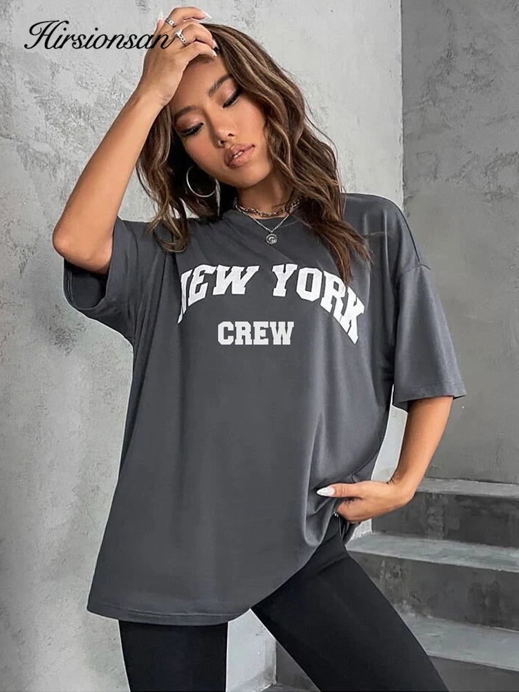 Hirsionsan Oversized Letter Graphic T-shirt Women 2023 Summer Soft O-neck Short Sleeve Tees Female Casual Loose Higt Street Top