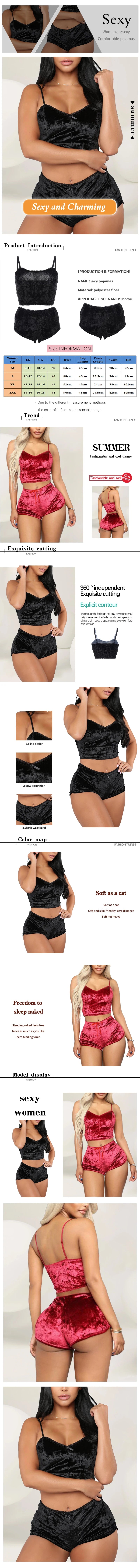 Women Sexy Strappy Pajama Set Women's Velvet Polyester Comfortable V-neck Underwear Home Clothes 2 Piece Sleeveless