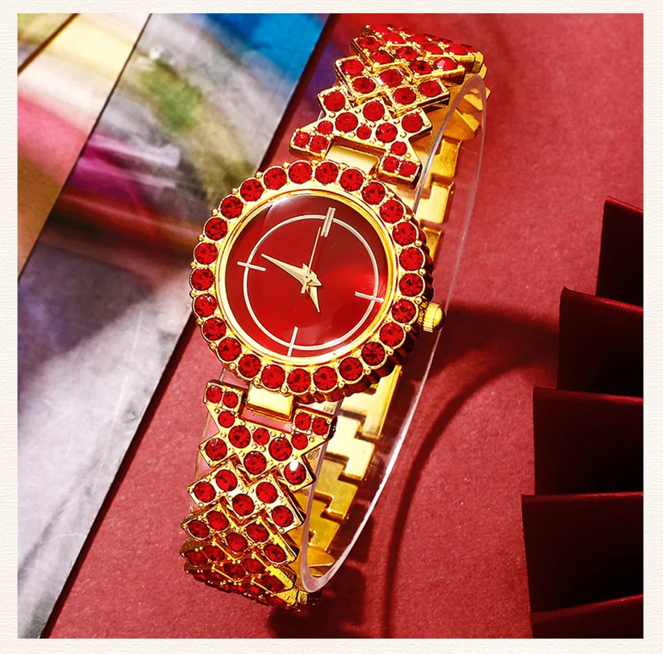 New Luxury Watch Women Red Necklace Earring Rhinestone Fashion Wristwatch Casual Ladies Watches Jewelry Set Relogio Feminino