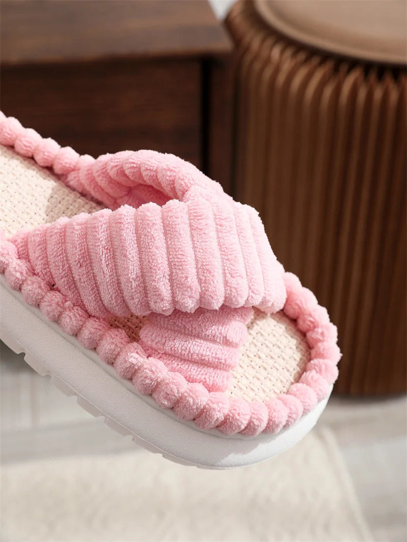 1pc Plus Size Lady Flat Fashion Trend Sweat-Absorbant Anti-Od Open Toe Cross Plush Fluffy Fur Home Slippers for Women