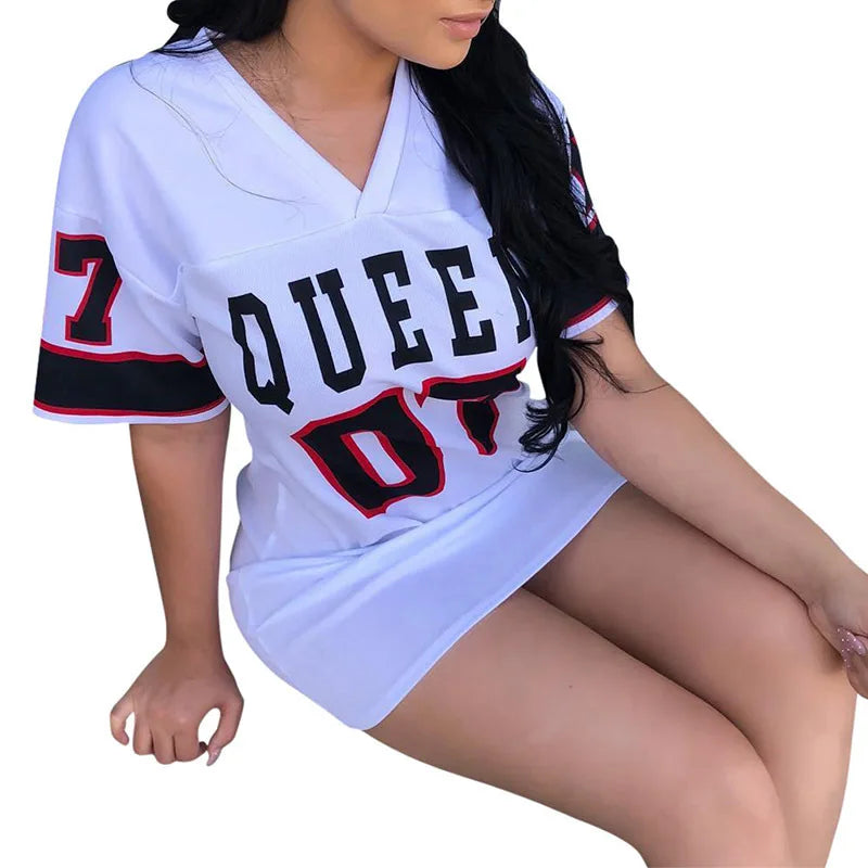 New Fashion V-Neck Queen Letters Print Dress Short Sleeve Football Sporty Style Sexy Loose Female Clothing Streetwear