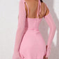 NewAsia Sweet Mesh Full Sleeve Pink Dress Women Sexy Solid Backless Bandage Mini Vestido Mujer Summer Vacation Party Club Outfit