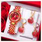 New Luxury Watch Women Red Necklace Earring Rhinestone Fashion Wristwatch Casual Ladies Watches Jewelry Set Relogio Feminino