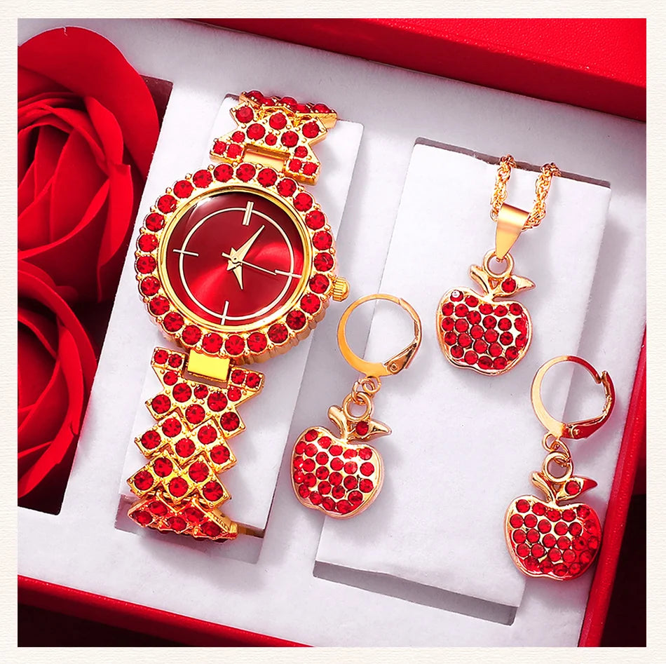 New Luxury Watch Women Red Necklace Earring Rhinestone Fashion Wristwatch Casual Ladies Watches Jewelry Set Relogio Feminino