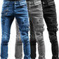 Elastic-Waist Retro Moto Biker Straight Leg Jeans