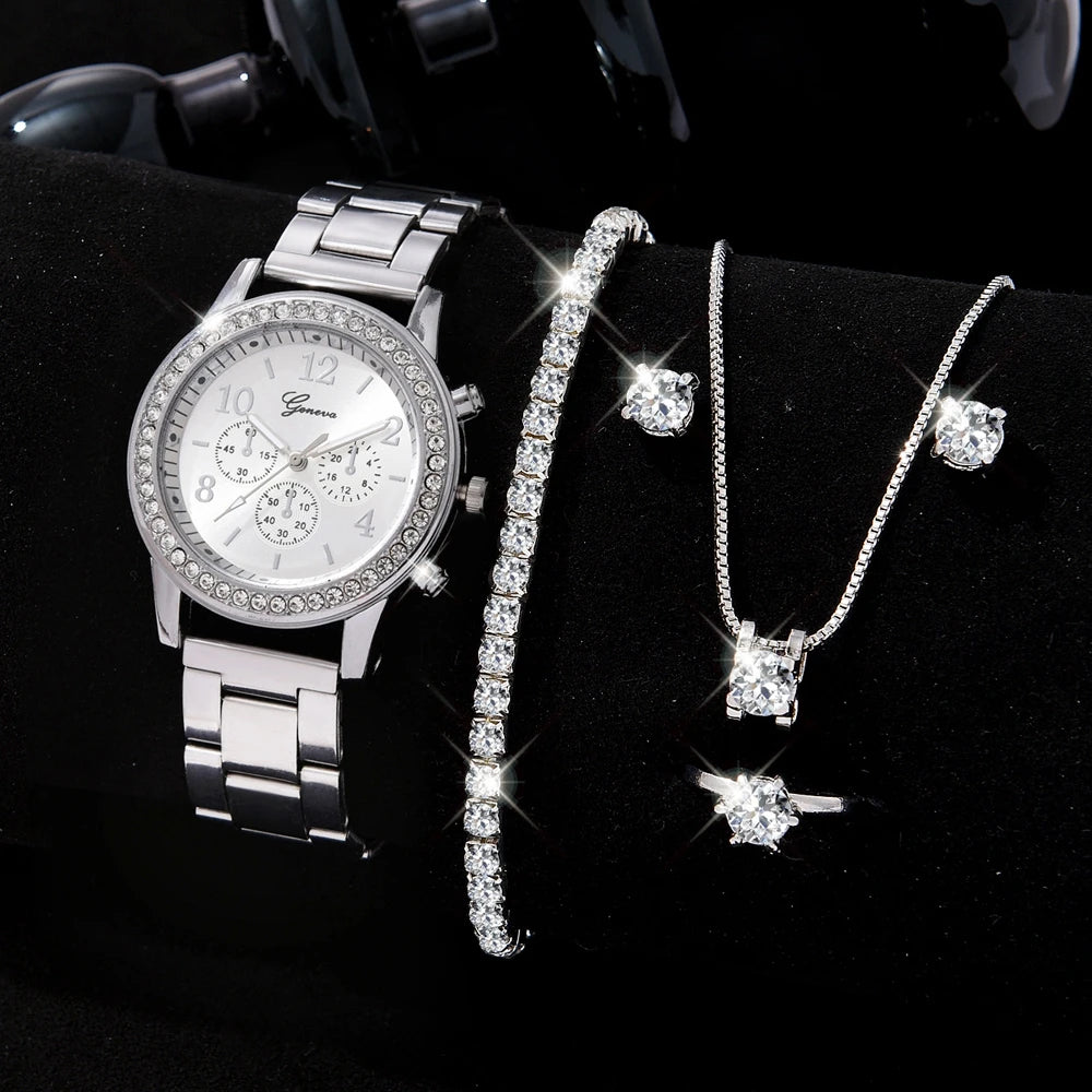 6PCS Set Luxury Watch Women Ring Necklace Earrings Rhinestone Fashion Wristwatch Female Casual Ladies Watches Bracelet Set Clock