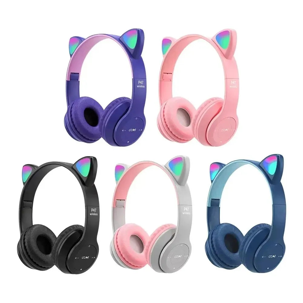 P47M Cute Cat Ear Bluetooth Headphones with LED Wireless Headset Children Girls Stereo Folding Sports Headset with Microphone