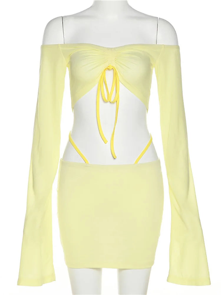 ALLNeon Y2K Aesthetics Sexy Co-ord Sets Yellow 2000s Clubwear Off Shoulder Flare Sleeve Crop Tops and Micro Skirt 2 Piece Suits