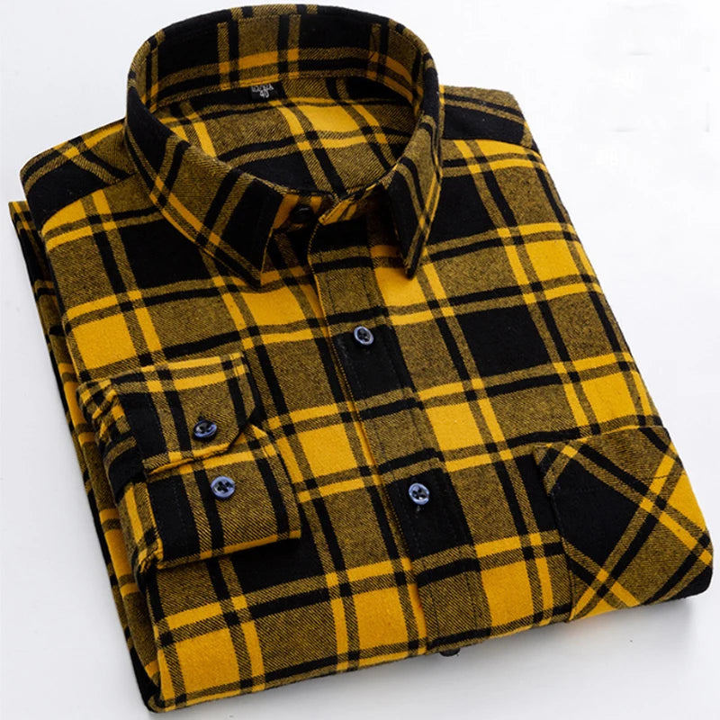 6XL Autumn/Winter Large Men's 100% Cotton Plaid Brushed Long Sleeve Shirt Wrinkle Resistant Business Casual No Iron Thick