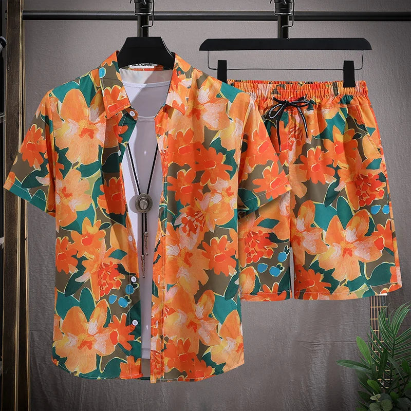 Men's Hawaiian Beach Set Single Breasted Short Sleeve Shirt and Shorts Casual Summer Vacation Travel Outfit