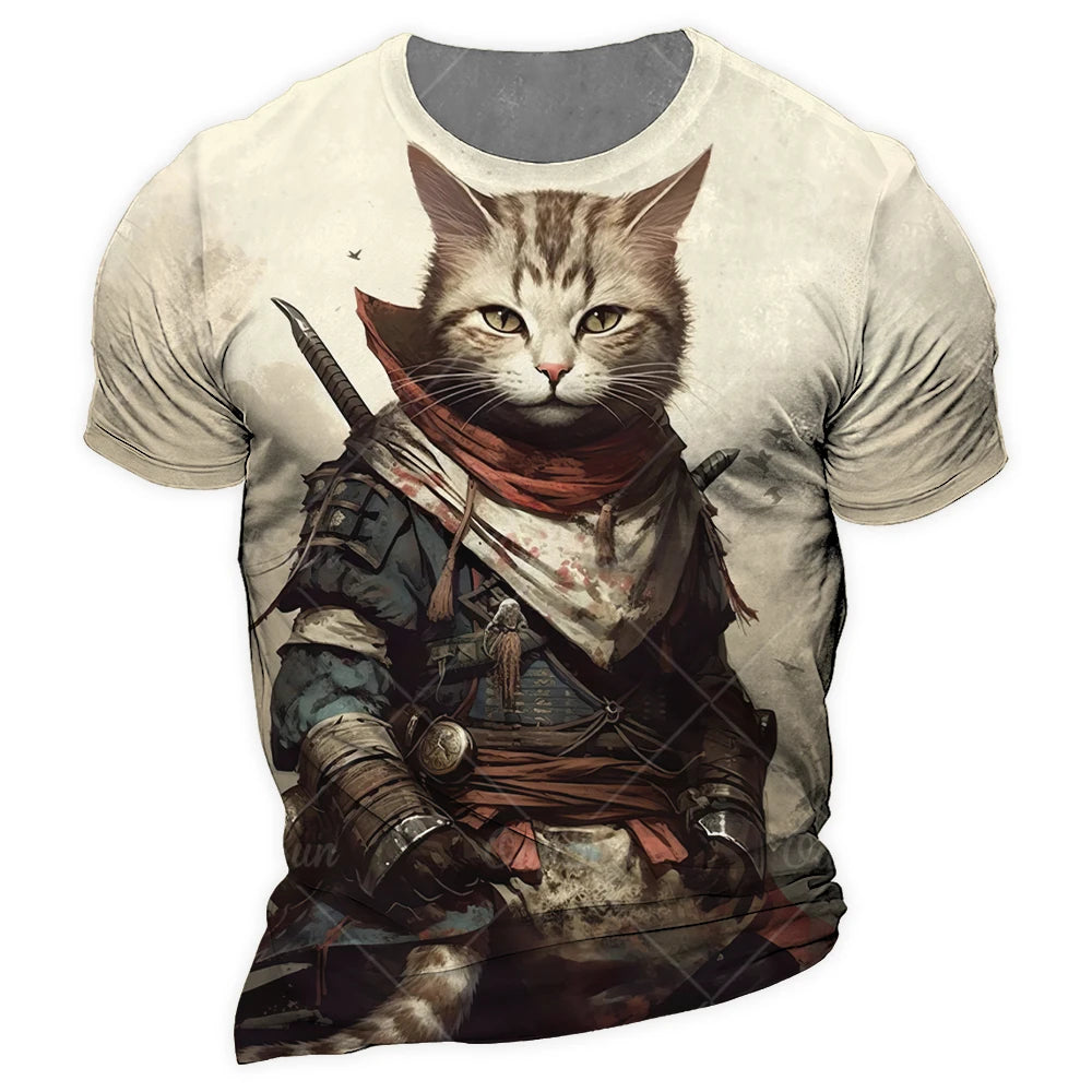 Y2K Samurai Cat Graphic T-Shirts - Men