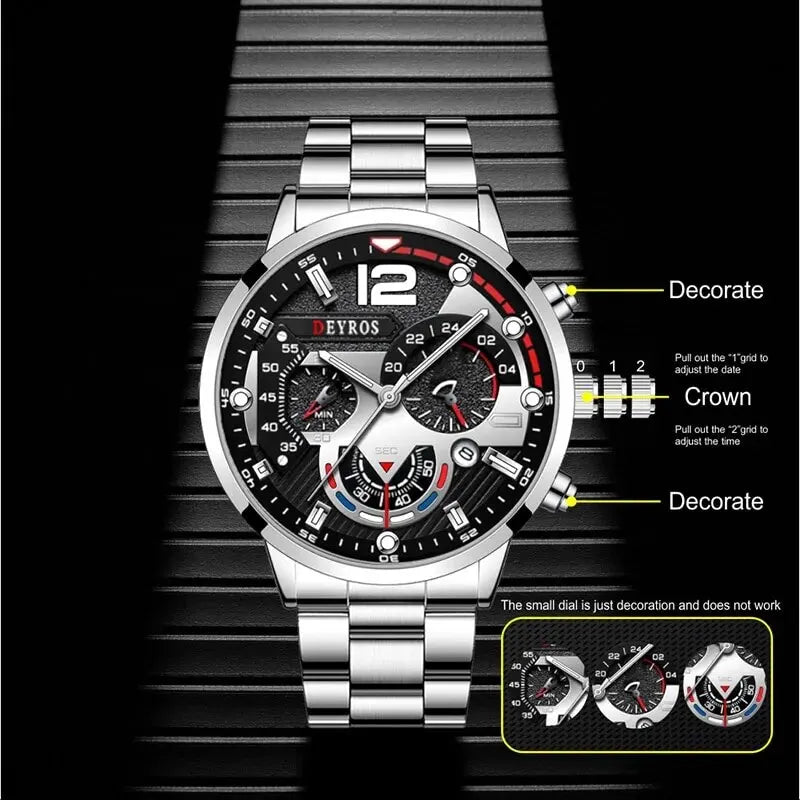 Fashion Mens Watches Luxury Stainless Steel Quartz Wrist Watch Calendar Luminous Men Business Casual with Male Sports Bracelet