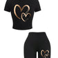 Summer Women Slim-fit T-Shirts & Shorts 2 Pieces Set Simple Hearts Pattern Prints Crop Tops Fashion High Elastic Soft Clothes