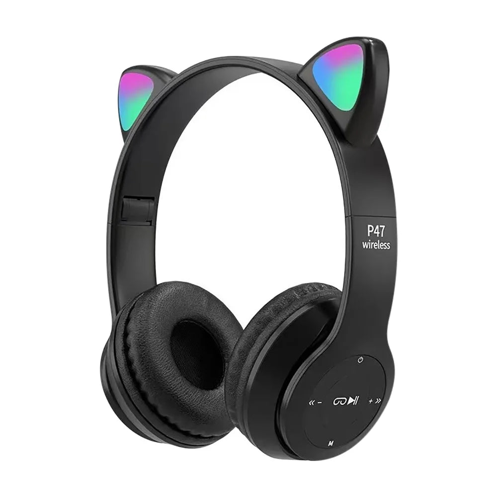 P47M Cute Cat Ear Bluetooth Headphones with LED Wireless Headset Children Girls Stereo Folding Sports Headset with Microphone