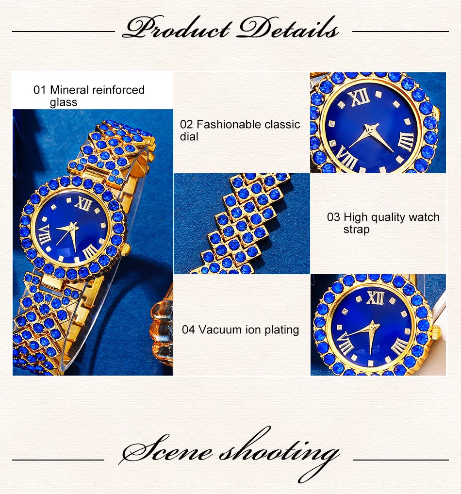 New Luxury Watch Women Necklace Earring Blue Rhinestone Fashion Wristwatch Casual Ladies Watches Jewelry Set Relogio Feminino