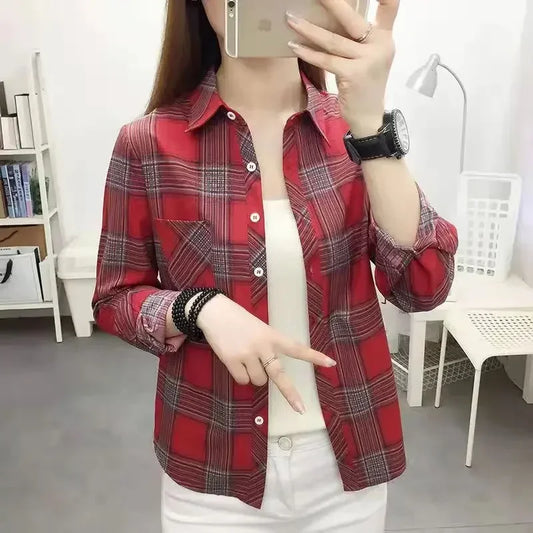 2024Spring and Autumn New College Style Women's Long sleeved Bottom Top Cardigan Long sleeved Fashion Plaid Shirt