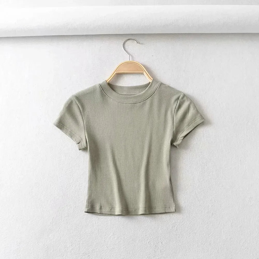 Summer Sexy Women O-neck Short-sleeve T-shirt Slim Elastic Skinny Crop Tops